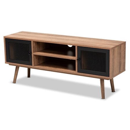 Baxton Studio Yuna Mid-Century Transitional Natural Brown Finished Wood and Black Metal 2-Door TV Stand 196-12071-ZORO